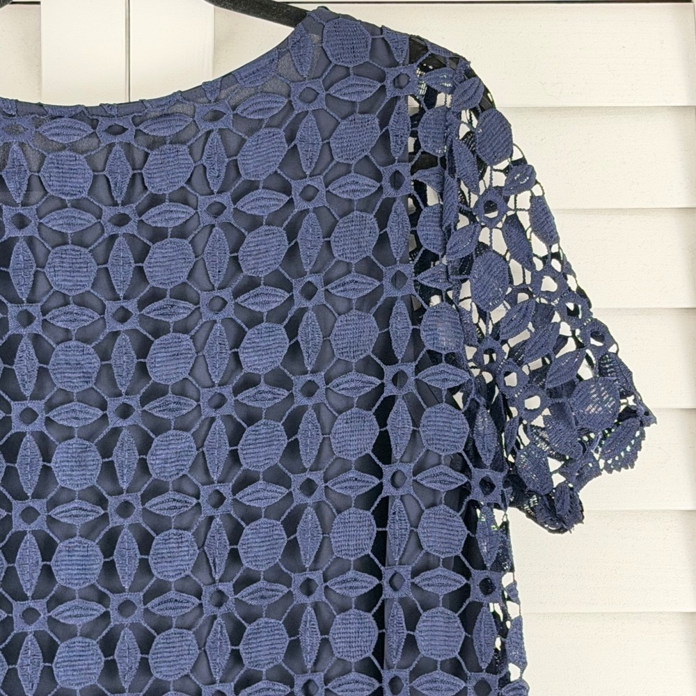 Renee C Crochet Top Women XL Navy NEW Short Sleeve Geometric Lace Blouse - Picture 7 of 16